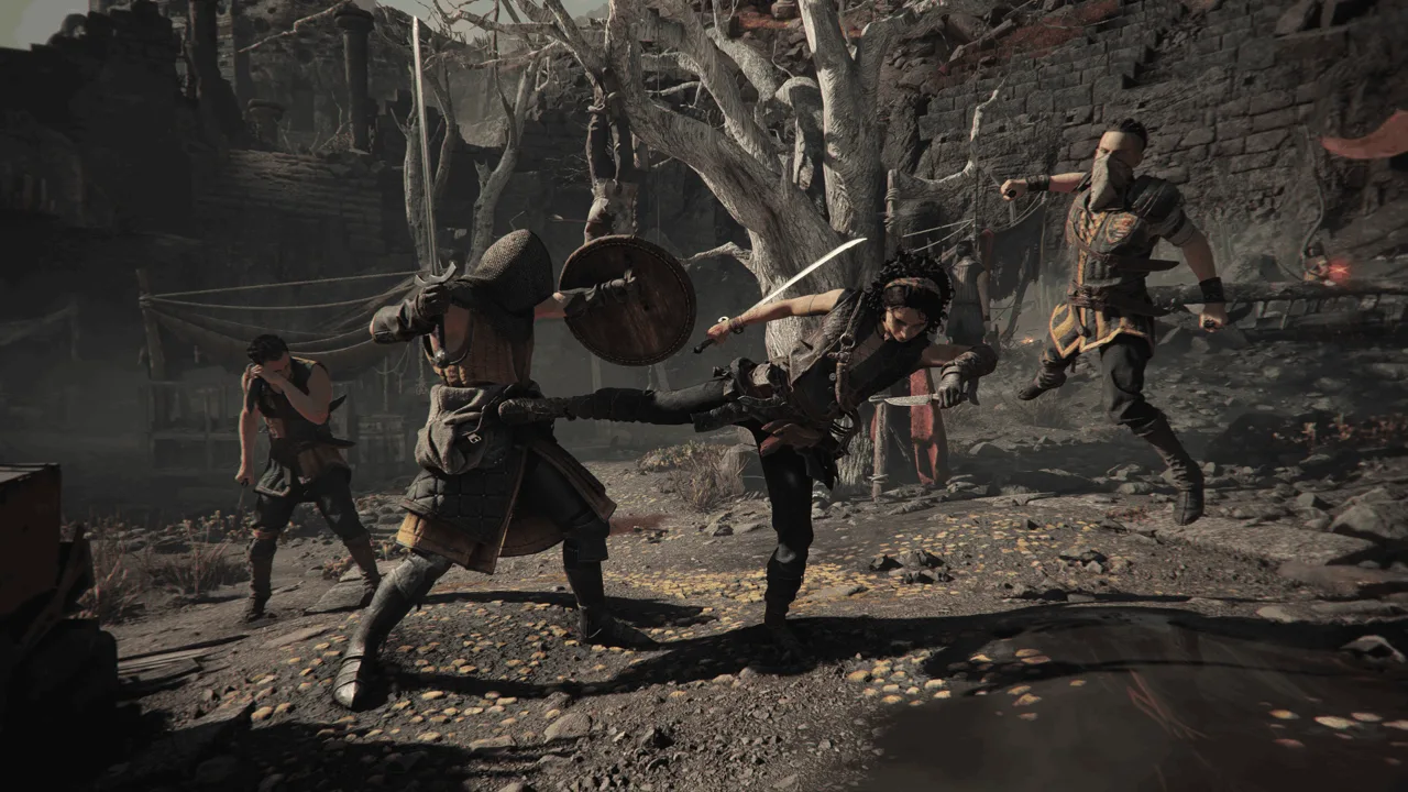 Sophia fighting several masked opponents in close combat