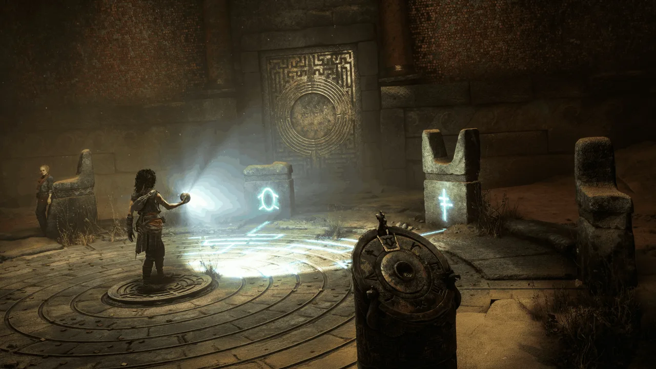 Sophia using a glowing sphere inside a Minoan light puzzle chamber