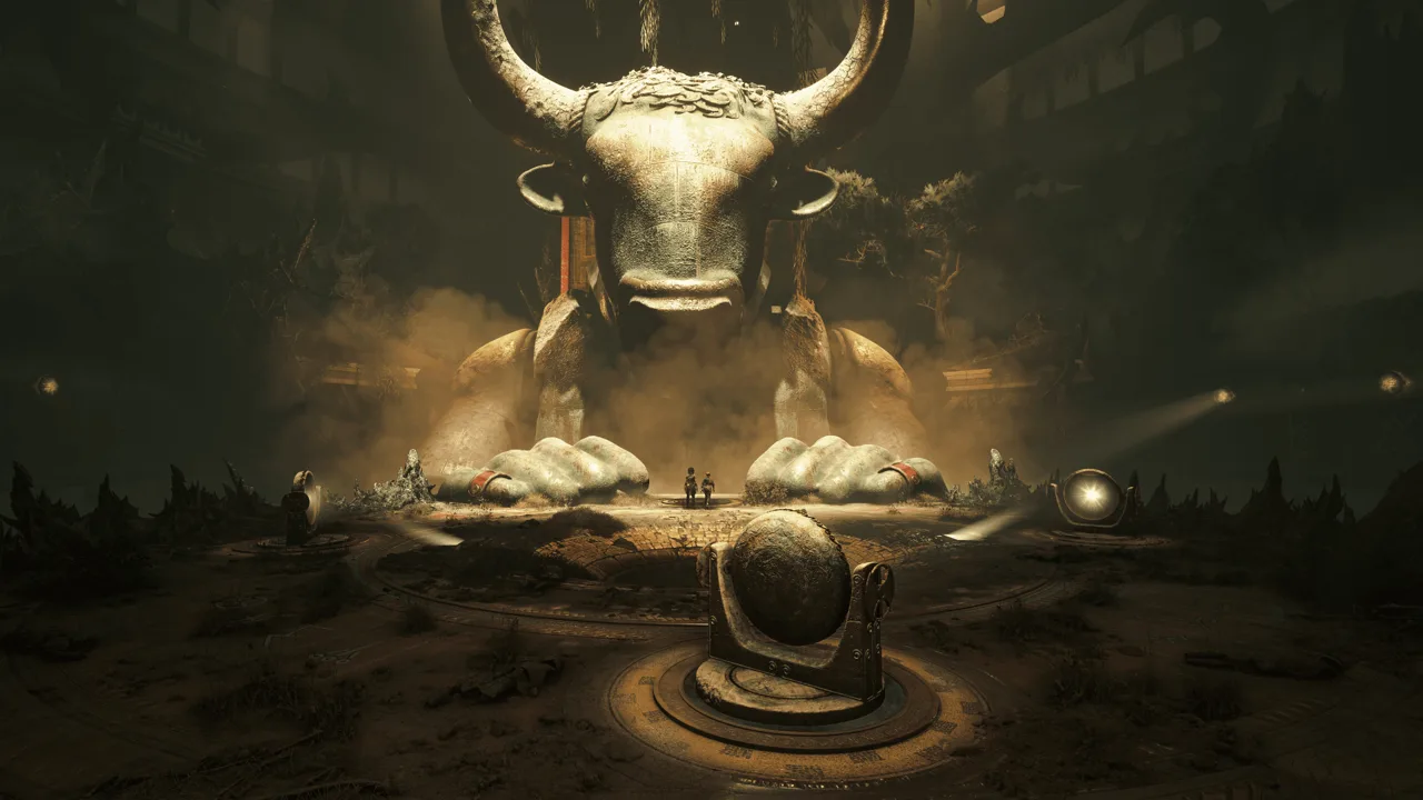 A monumental Minotaur figure looming over a dark labyrinth chamber