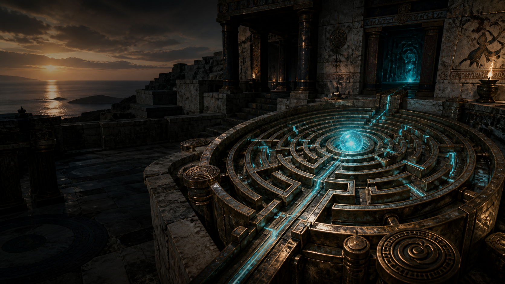 An original bronze labyrinth rising from Mediterranean ruins around a cyan resonance glow
